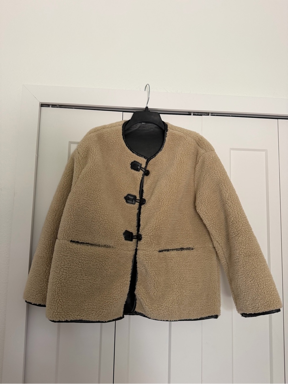 Beige Sherpa Toggle Jacket with Black Trim